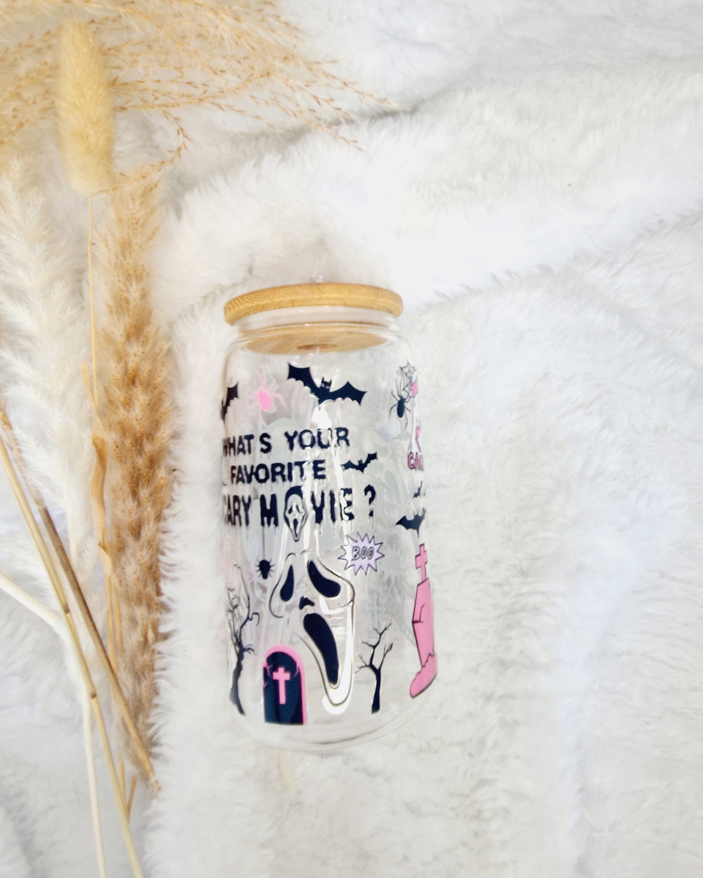 Girlie Pink Halloween Scary Movie Libbey Glass Starbucks Cup - Eco-Friendly, Reusable, and Stylish