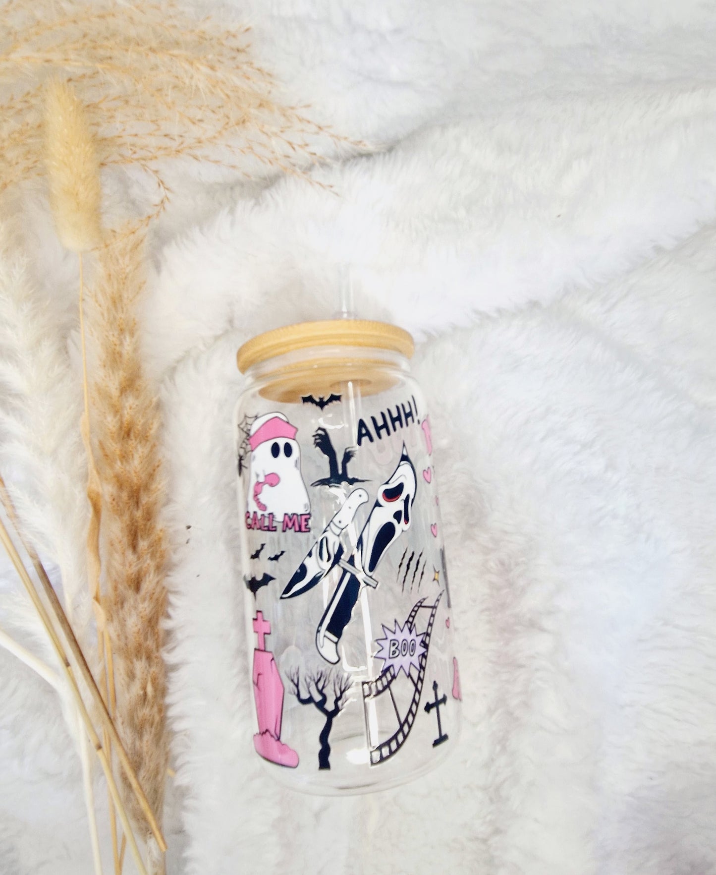 Girlie Pink Halloween Scary Movie Libbey Glass Starbucks Cup - Eco-Friendly, Reusable, and Stylish