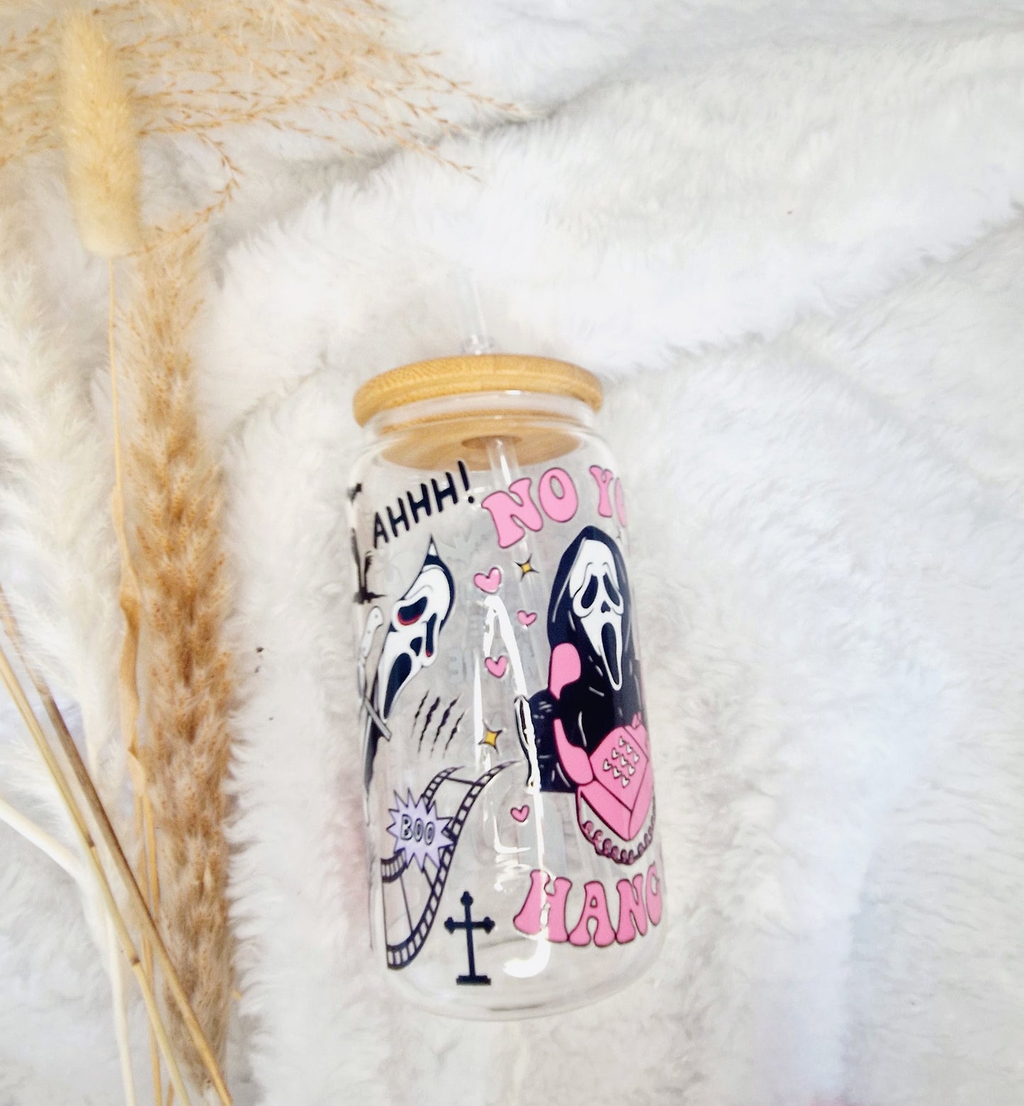 Girlie Pink Halloween Scary Movie Libbey Glass Starbucks Cup - Eco-Friendly, Reusable, and Stylish