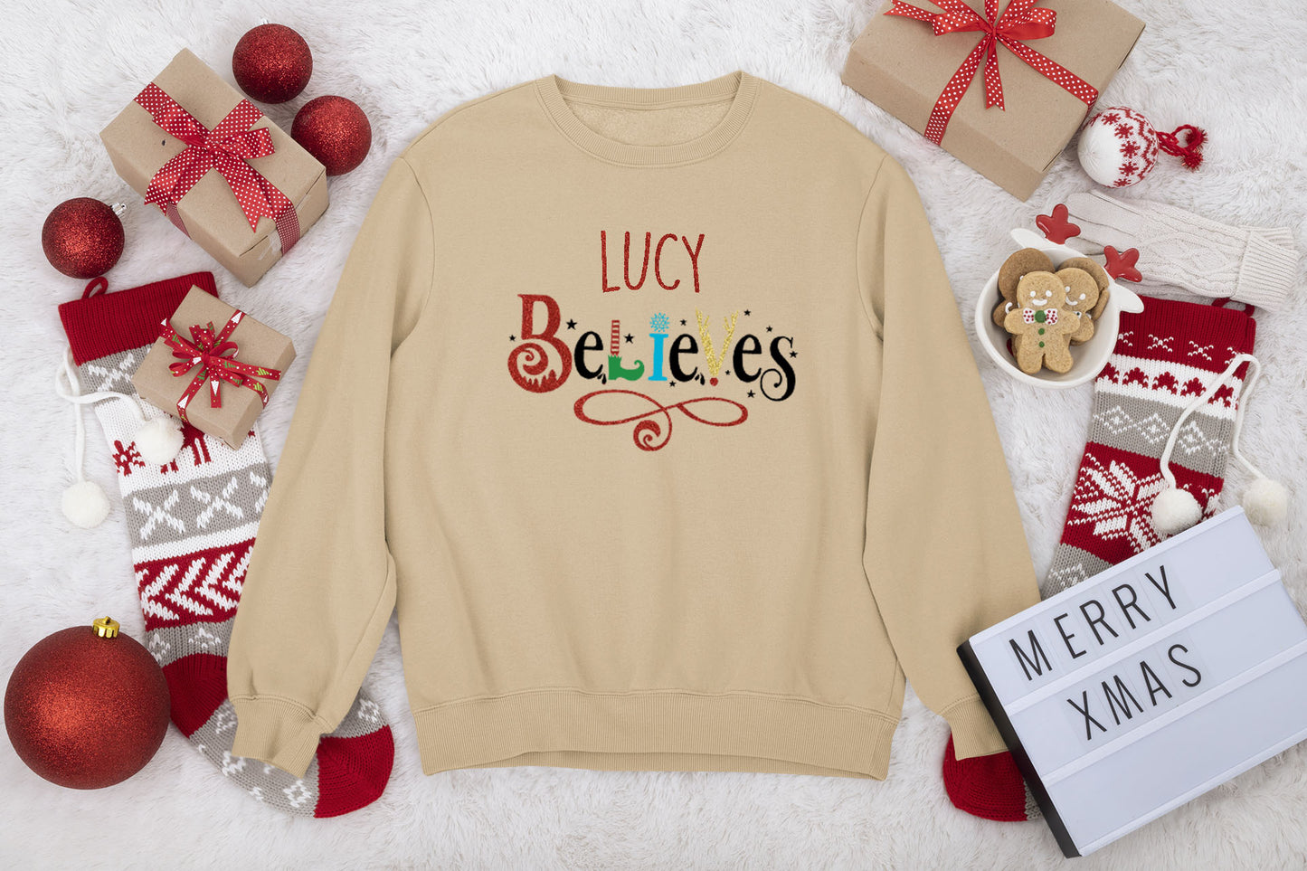 Personalised "Believes" Christmas Jumper, Custom Made Christmas Sweater (Kids)