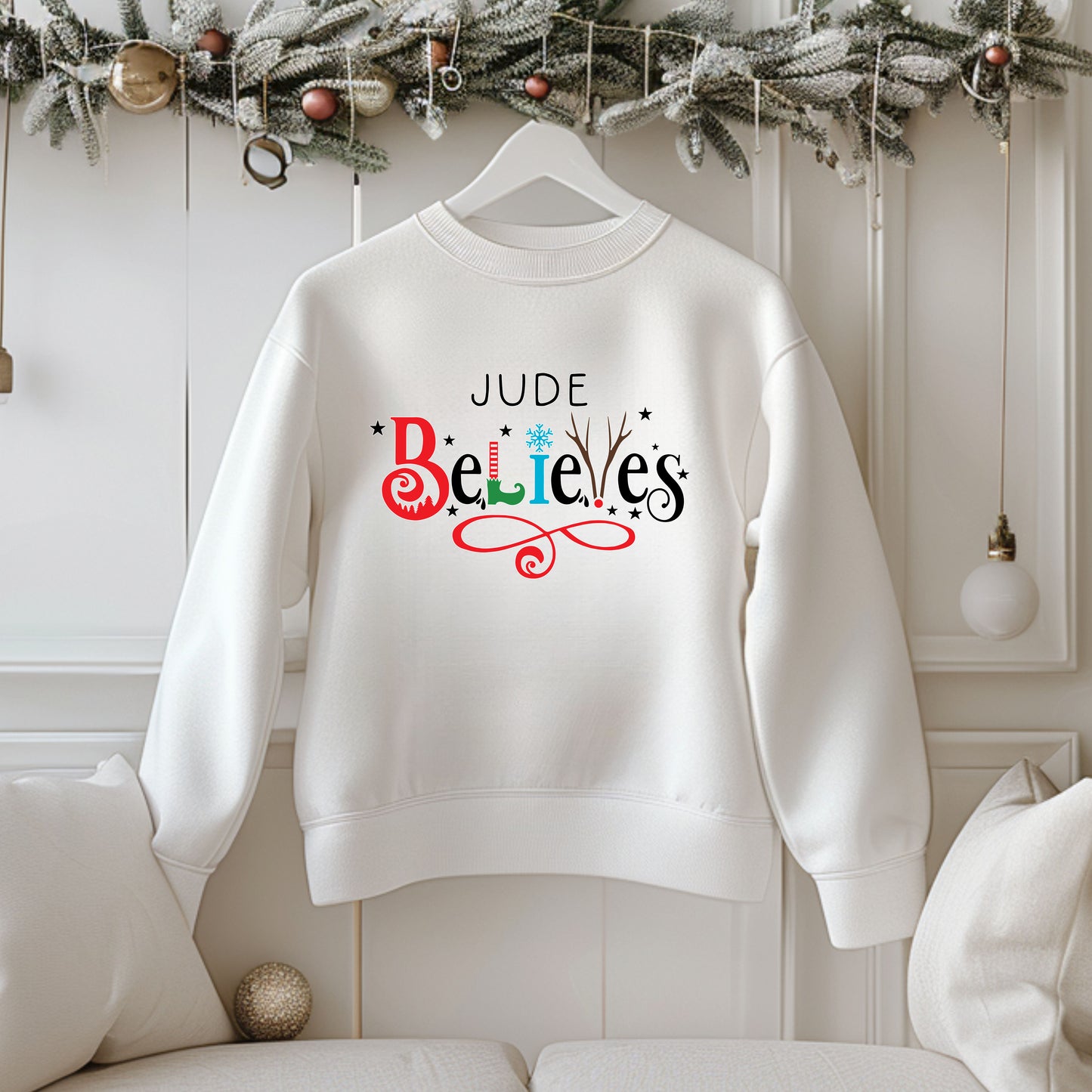 Personalised "Believes" Christmas Jumper, Custom Made Christmas Sweater (Kids)
