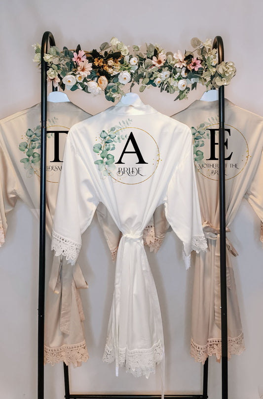 A beautifully designed personalised wedding robe and pyjama set featuring an elegant eucalyptus watercolour design. Perfect for brides, bridesmaids, and the bridal party, available in various sizes for a timeless and sophisticated look.