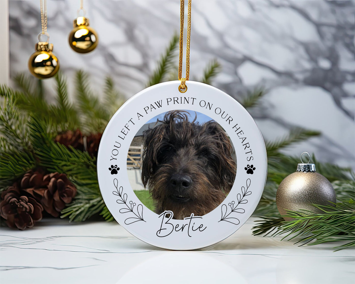 You Left A Paw Print On Our Heart Photo Christmas Ornament, Memorial Pet Bauble Keepsake