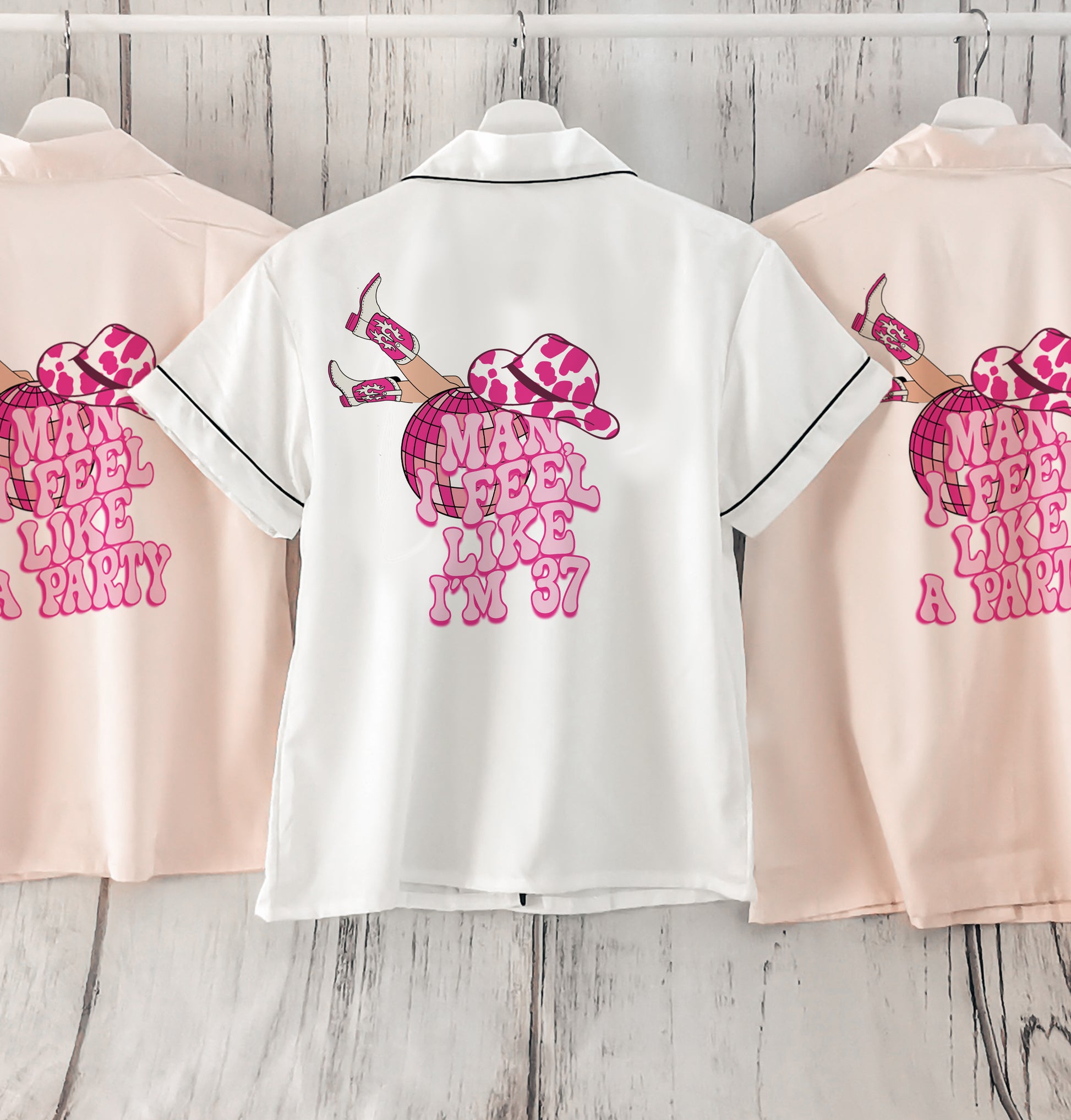 A cowgirl-themed personalised birthday pyjama set, featuring the phrase “Man, I Feel Like I’m (Age)” in a bold western font. The perfect fun and sassy birthday gift, available in luxury satin colours with an optional matching robe.