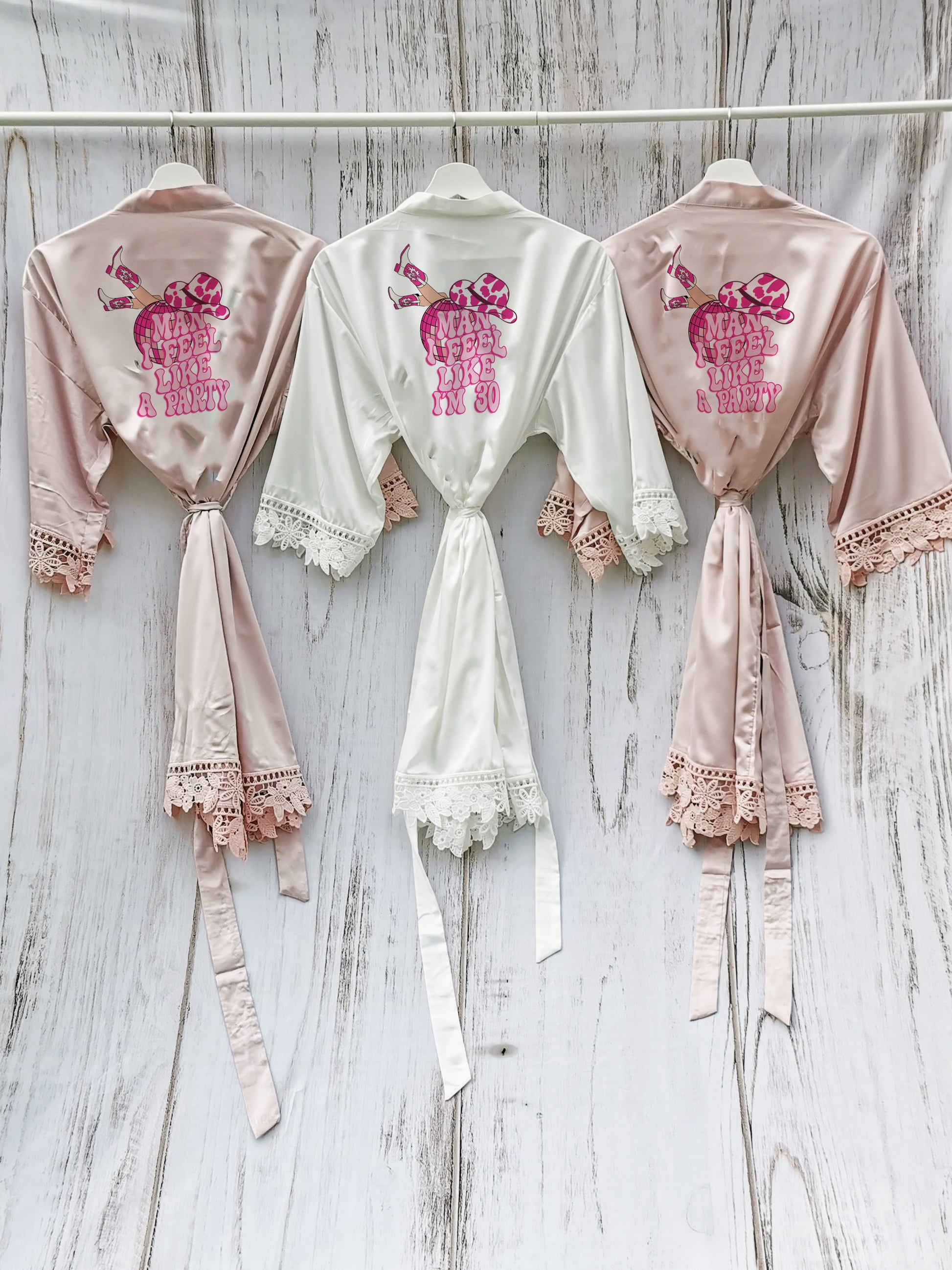 A cowgirl-themed personalised birthday pyjama set, featuring the phrase “Man, I Feel Like I’m (Age)” in a bold western font. The perfect fun and sassy birthday gift, available in luxury satin colours with an optional matching robe.