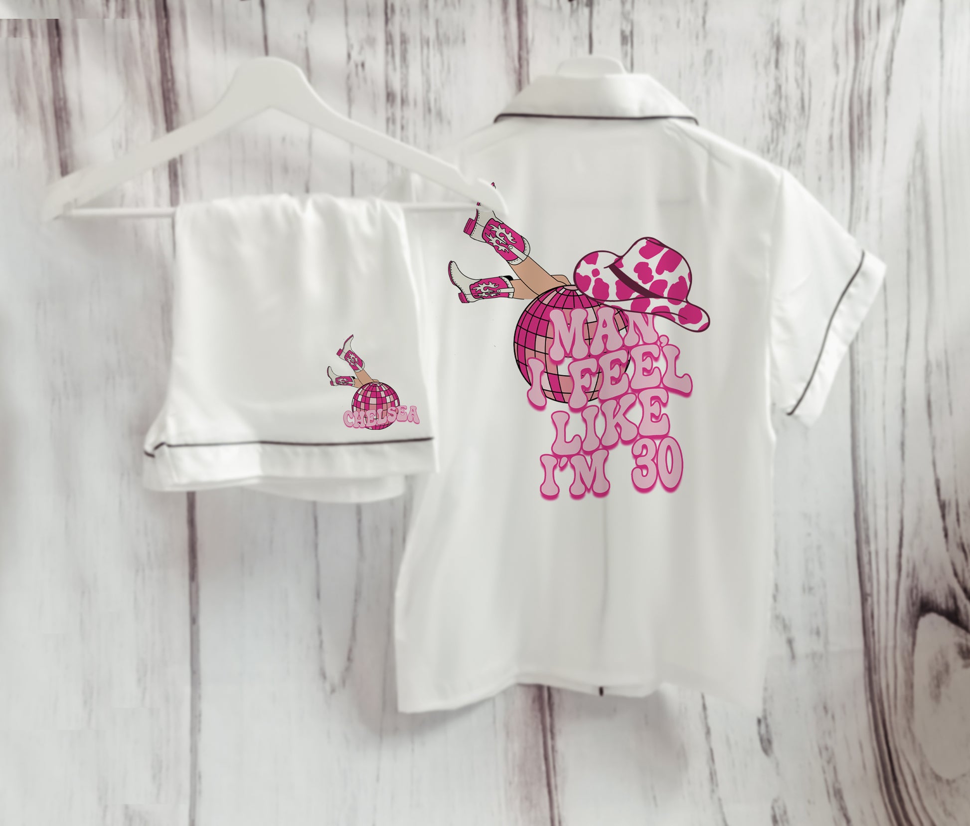 A cowgirl-themed personalised birthday pyjama set, featuring the phrase “Man, I Feel Like I’m (Age)” in a bold western font. The perfect fun and sassy birthday gift, available in luxury satin colours with an optional matching robe.