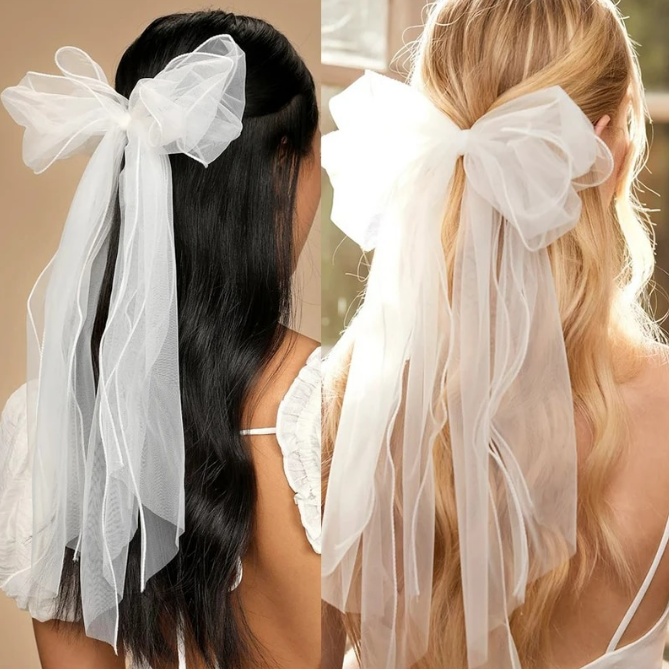 Tulle Pearl Bride Hair Bow, Veil Alternative, Wedding Bow, Pearl Veil, Bride Veil Bow, Bridal Hair Bow, Wedding Accessories Bride