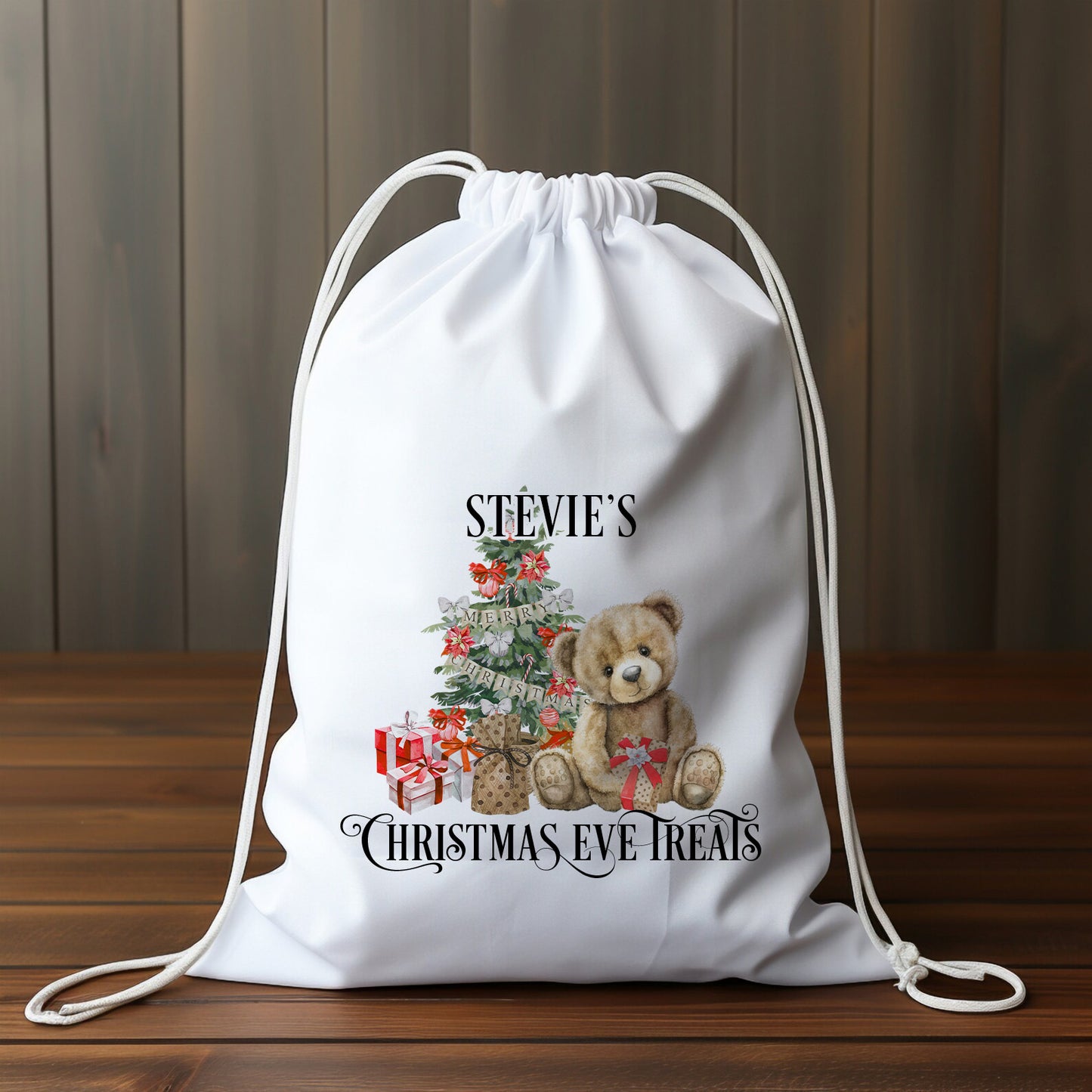 Personalised Traditional Santa Sack, Teddy Bear Christmas Eve Treats Bag