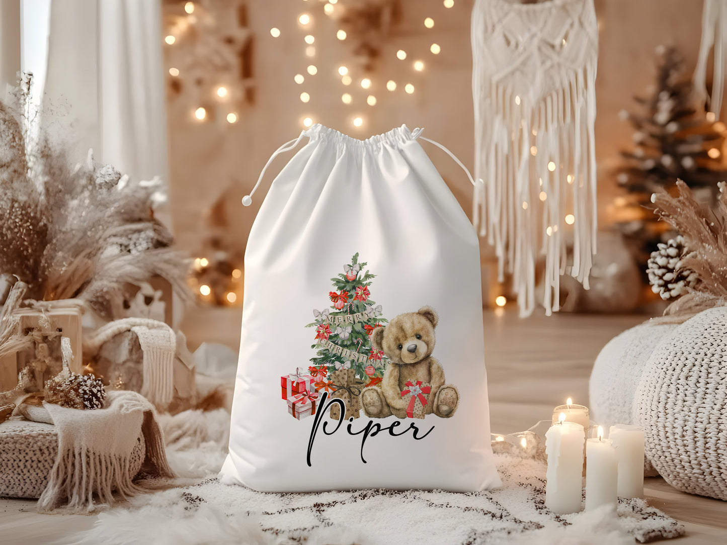 Personalised Traditional Santa Sack, Teddy Bear Christmas Eve Treats Bag