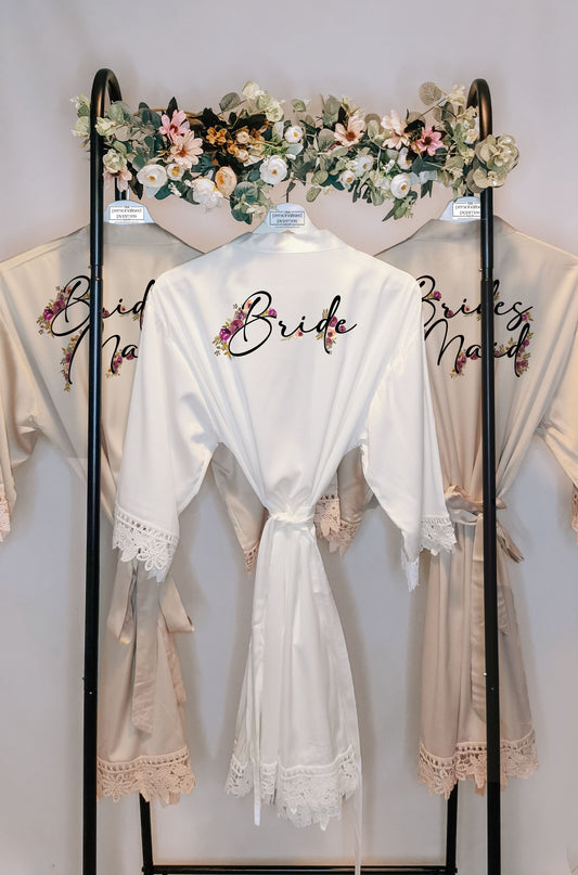 Personalised Floral Style Bridesmaid and Flowergirl Robes, Matching Wedding Dressing Gowns