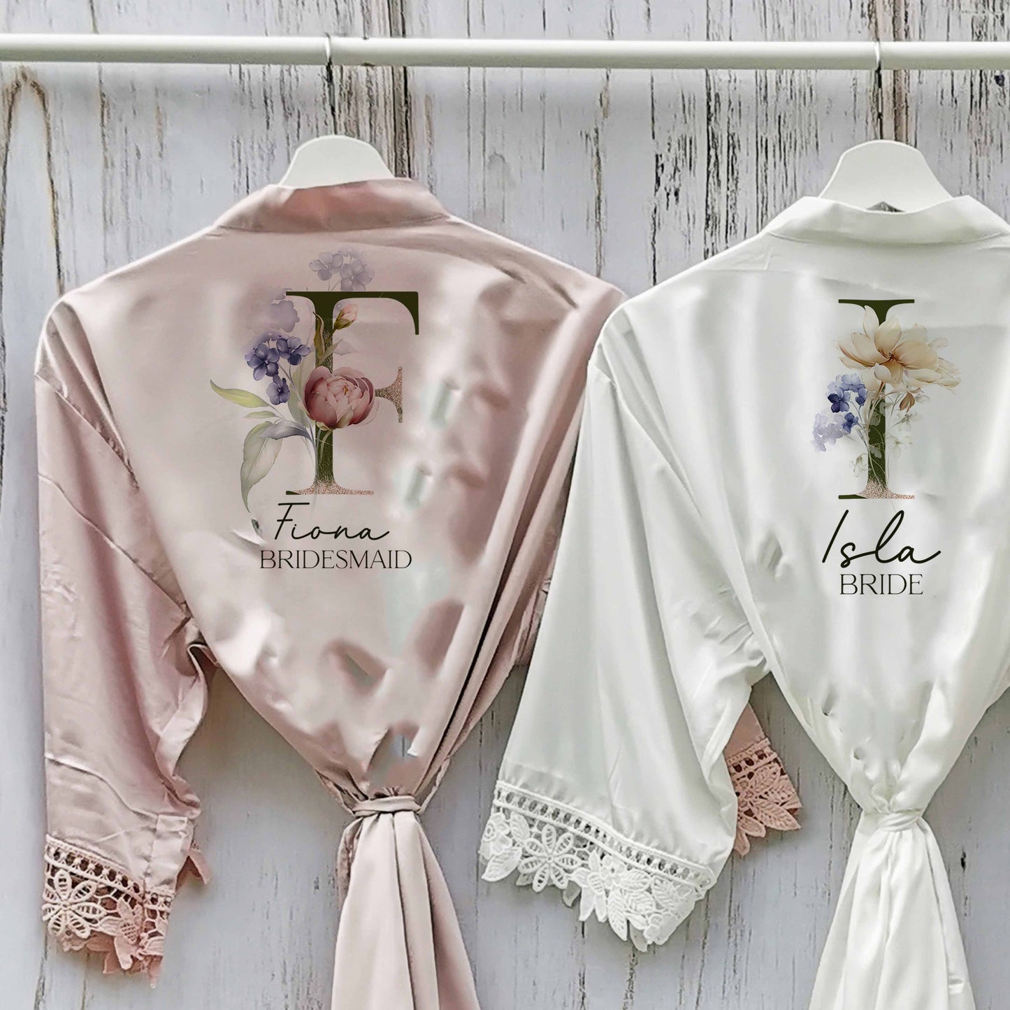 A beautifully designed personalised wedding robe and pyjama set featuring a delicate floral initial design. Perfect for brides, bridesmaids, and the bridal party, available in various sizes for a timeless and sophisticated look.

