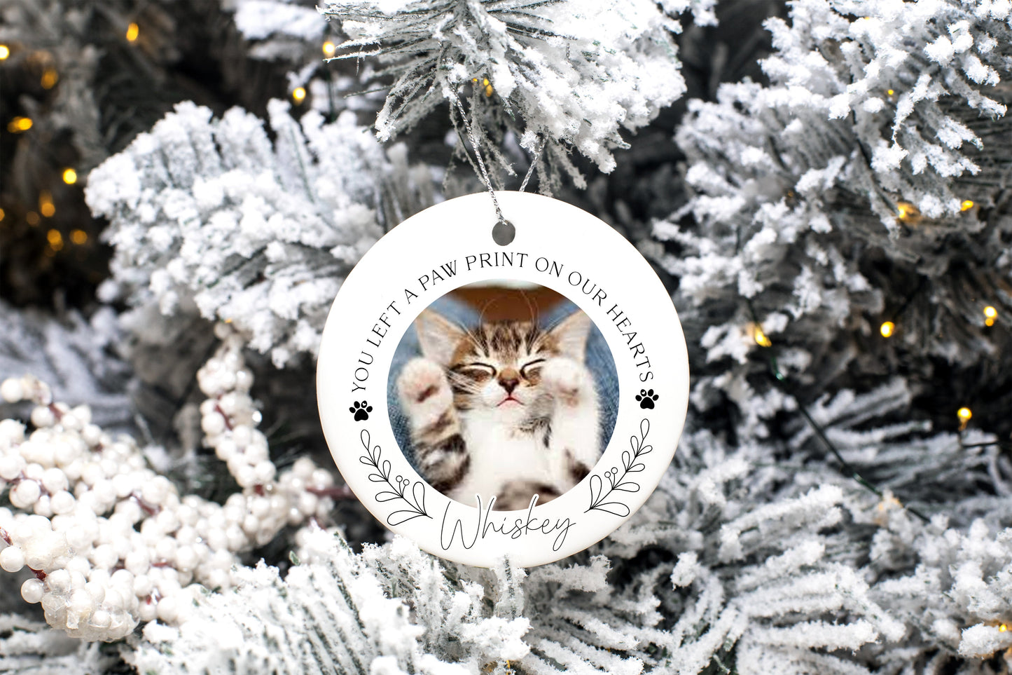 You Left A Paw Print On Our Heart Photo Christmas Ornament, Memorial Pet Bauble Keepsake