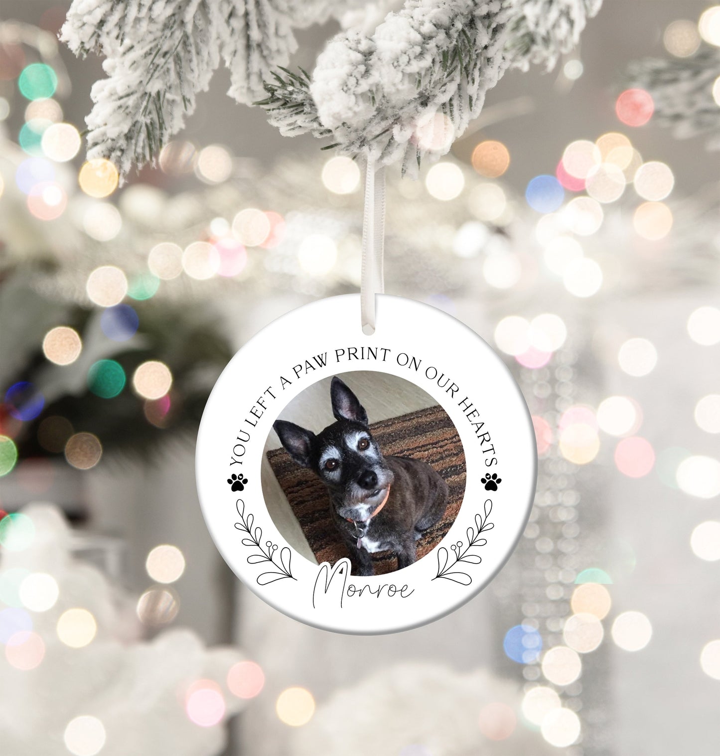 You Left A Paw Print On Our Heart Photo Christmas Ornament, Memorial Pet Bauble Keepsake