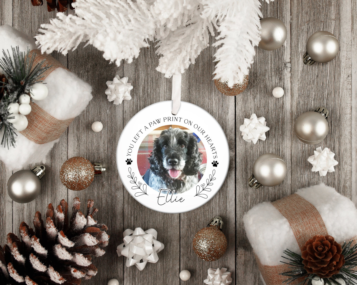 You Left A Paw Print On Our Heart Photo Christmas Ornament, Memorial Pet Bauble Keepsake