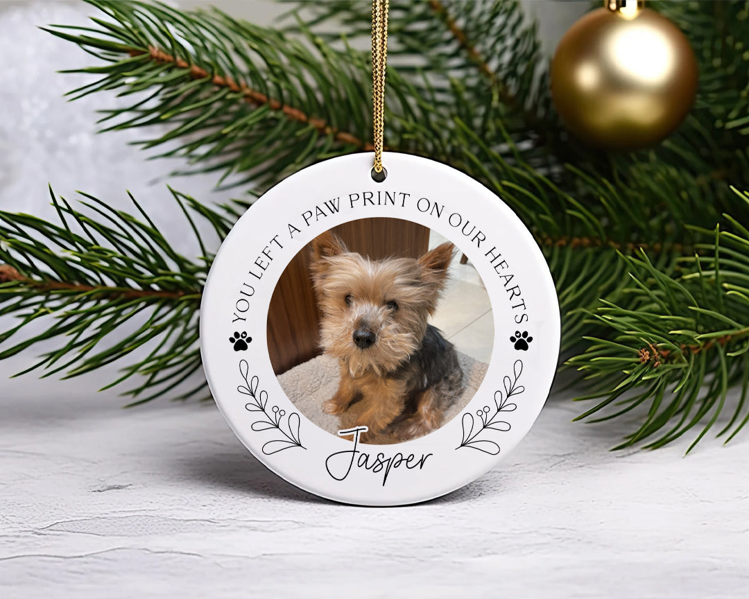 You Left A Paw Print On Our Heart Photo Christmas Ornament, Memorial Pet Bauble Keepsake