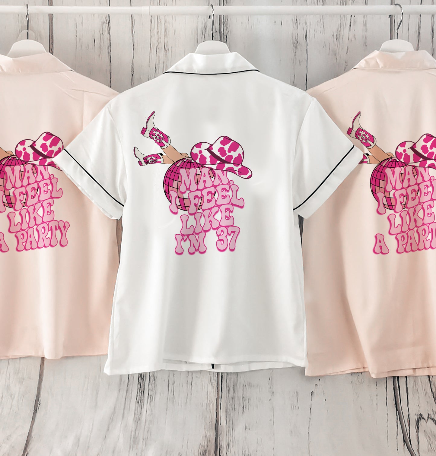 A cowgirl-themed personalised birthday pyjama set, featuring the phrase “Man, I Feel Like I’m (Age)” in a bold western font. The perfect fun and sassy birthday gift, available in luxury satin colours with an optional matching robe.

