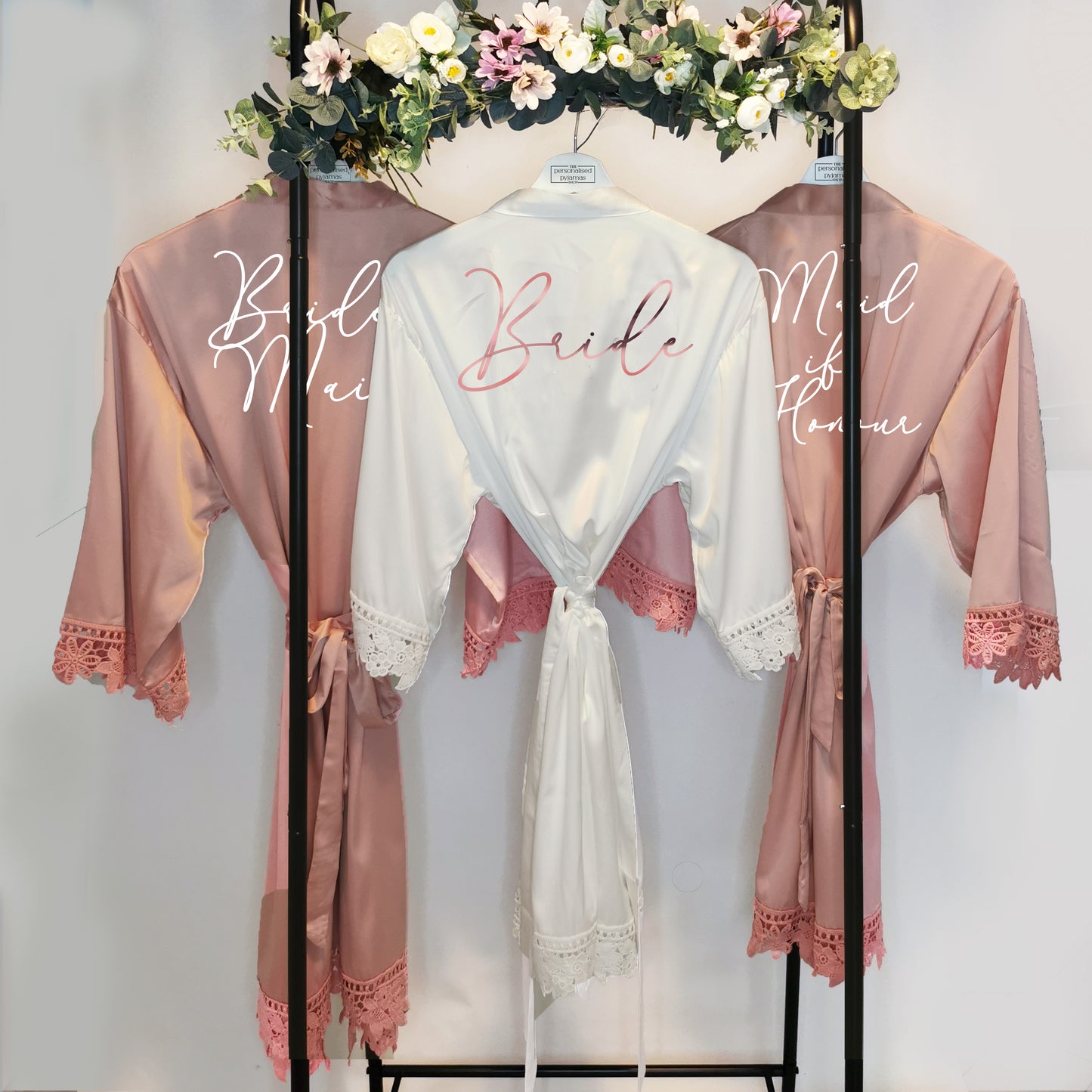 Personalised Flowergirl and Mini Bridesmaid Robes and Pyjamas, Rose Gold and Silver Available