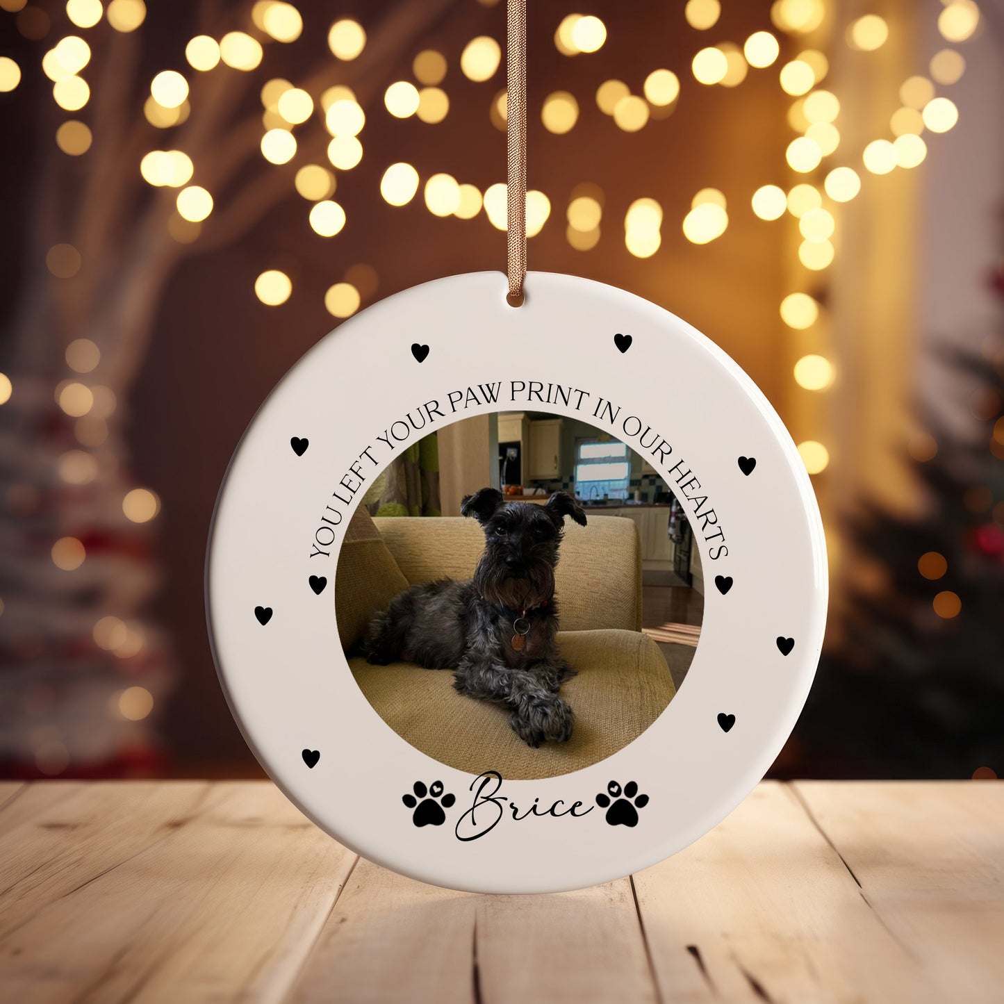 You Left A Paw Print On Our Heart Photo Christmas Ornament, Memorial Pet Bauble Keepsake