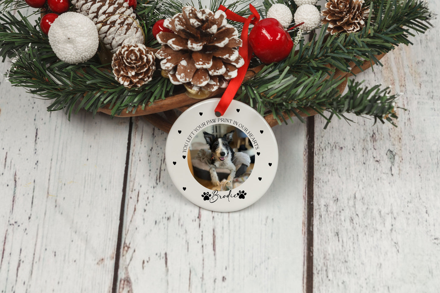 You Left A Paw Print On Our Heart Photo Christmas Ornament, Memorial Pet Bauble Keepsake