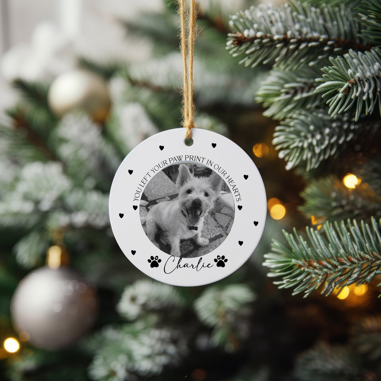 You Left A Paw Print On Our Heart Photo Christmas Ornament, Memorial Pet Bauble Keepsake