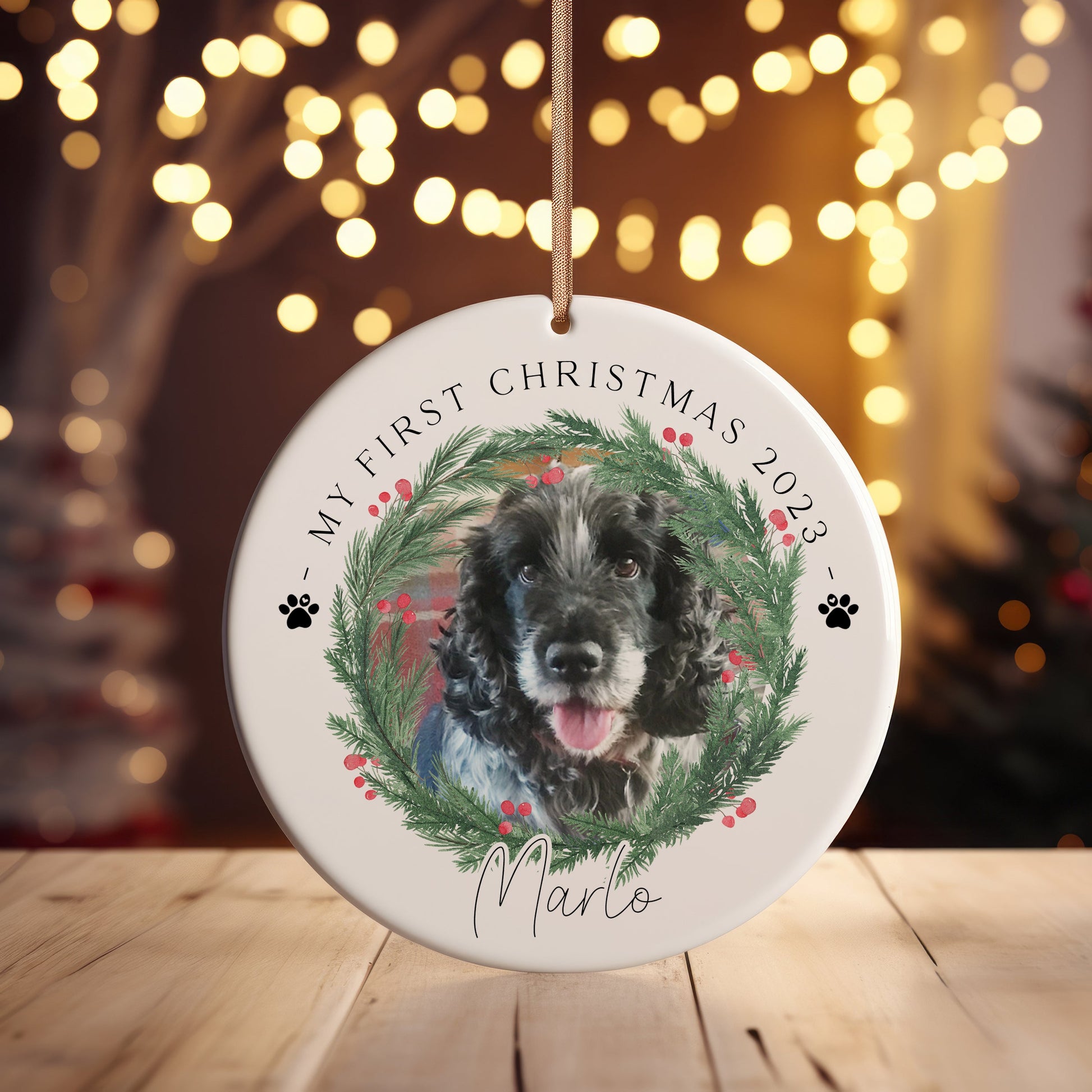 You Left A Paw Print On Our Heart Photo Christmas Ornament, Memorial Pet Bauble Keepsake