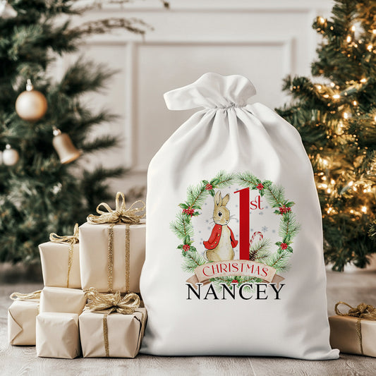 Personalised 1st Christmas Rabbit Santa Sack