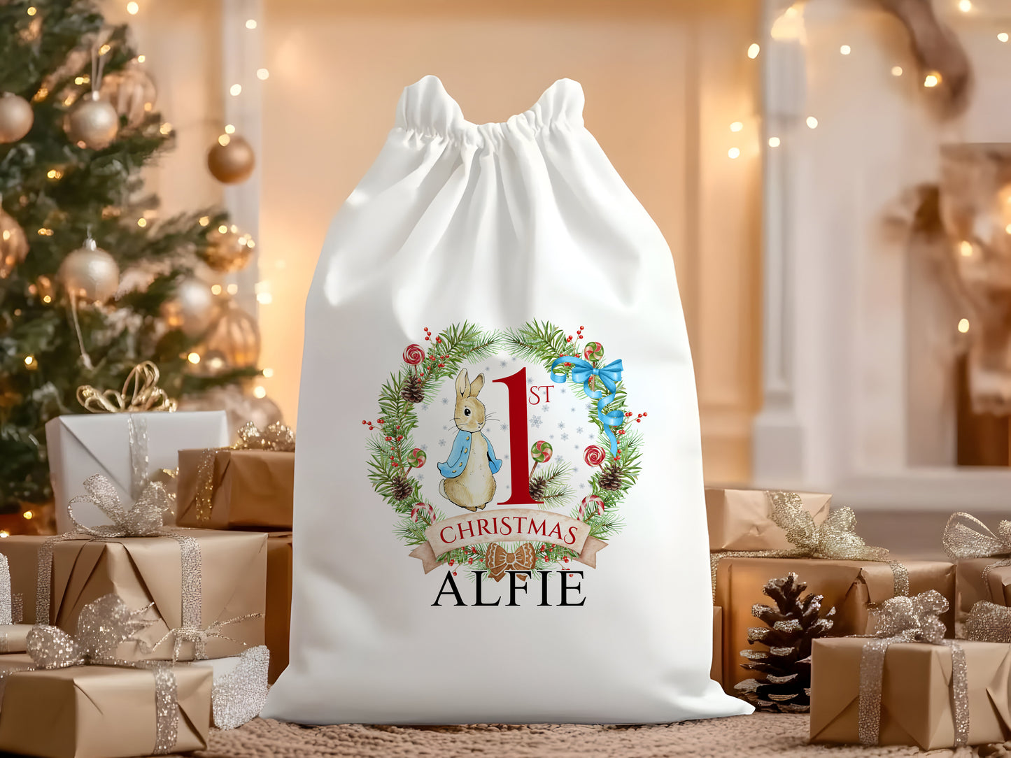 Personalised 1st Christmas Rabbit Santa Sack