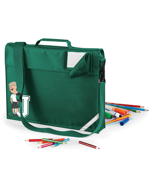 Personalised Children's School Bookbag (with strap) with Hand-Drawn Character and Initial, Perfect for boys and girls