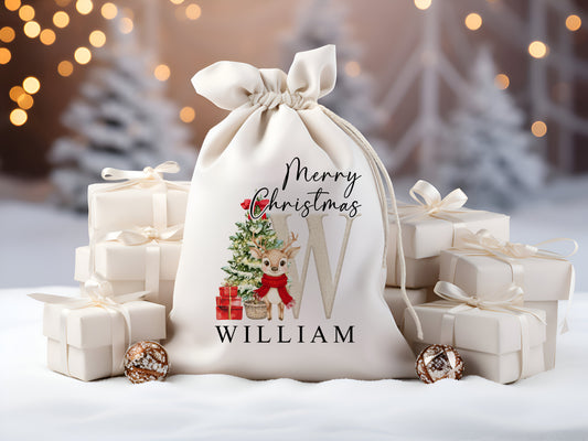 Cute Reindeer Personalised Santa Sack, Traditional Christmas Eve Treats Bag