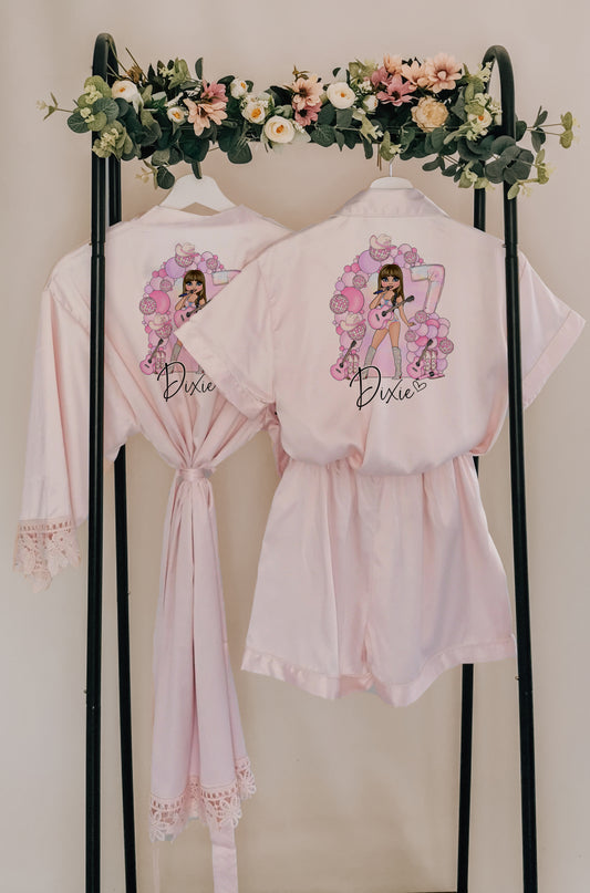 Personalised Popstar Birthday Pyjamas & Robe – Custom Dollie Design (Kids Sizes)