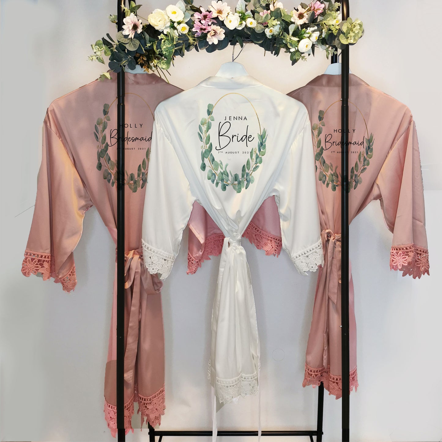 A beautifully designed personalised wedding robe and pyjama set featuring an elegant eucalyptus watercolour design. Perfect for brides, bridesmaids, and the bridal party, available in various sizes for a timeless and sophisticated look.

