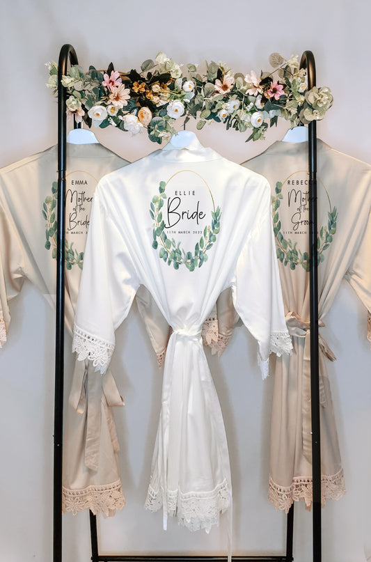 A beautifully designed personalised wedding robe and pyjama set featuring an elegant eucalyptus watercolour design. Perfect for brides, bridesmaids, and the bridal party, available in various sizes for a timeless and sophisticated look.