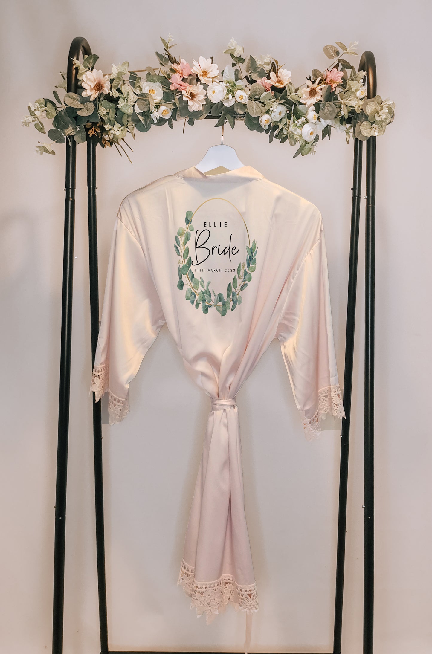 A beautifully designed personalised wedding robe and pyjama set featuring an elegant eucalyptus watercolour design. Perfect for brides, bridesmaids, and the bridal party, available in various sizes for a timeless and sophisticated look.

