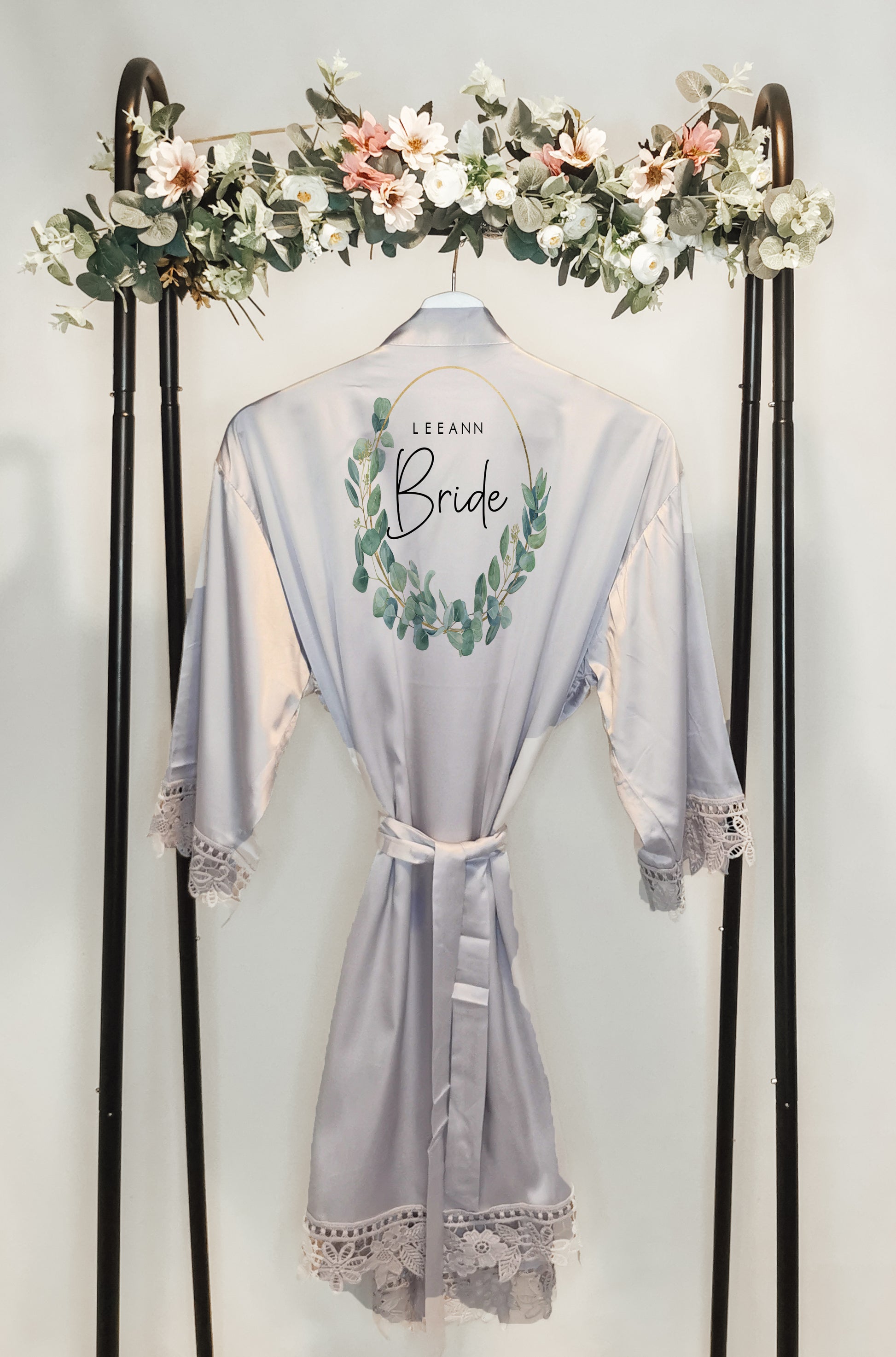 A beautifully designed personalised wedding robe and pyjama set featuring an elegant eucalyptus watercolour design. Perfect for brides, bridesmaids, and the bridal party, available in various sizes for a timeless and sophisticated look.

