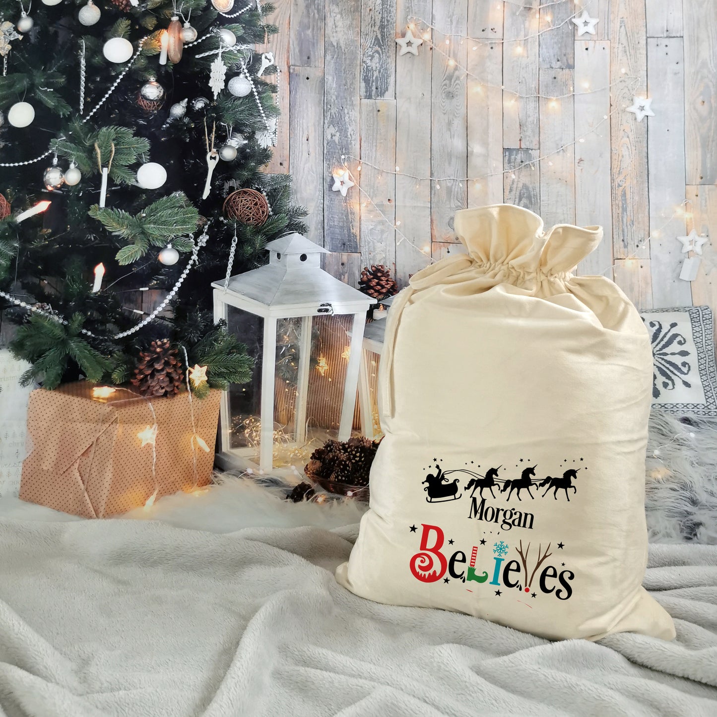 Luxury Velvet "BELIEVES" Personalised Santa Sack