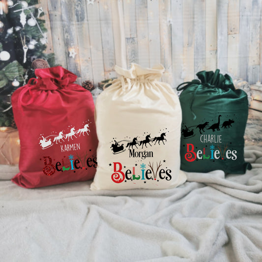 Luxury Velvet "BELIEVES" Personalised Santa Sack