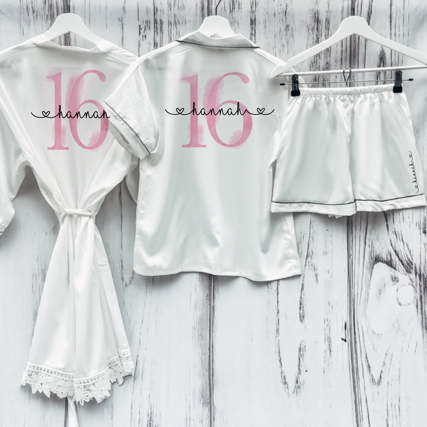 A set of stylish, customized pajamas and robe for a 16th birthday celebration, featuring elegant design elements and the number prominently displayed
